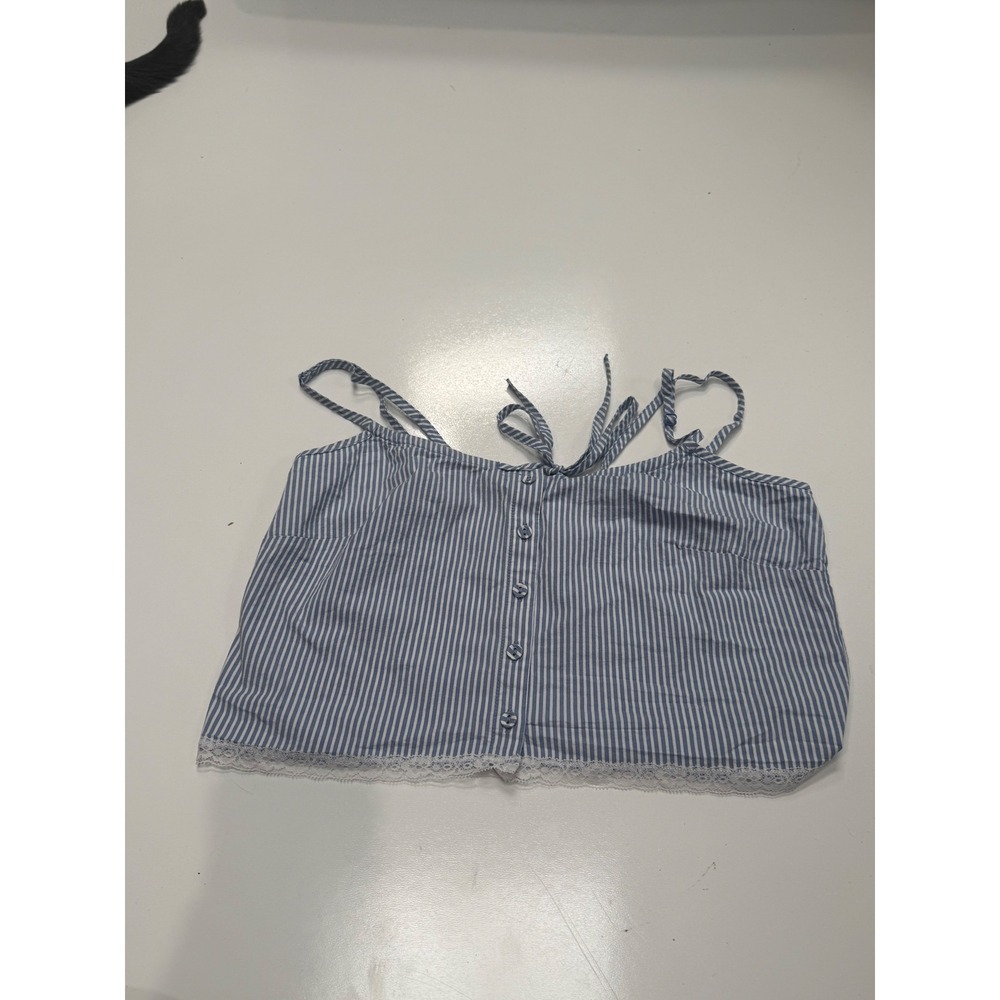 SKIMS Cotton Poplin Cami Blue White Striped Lace Trim Button Front Crop Top XS